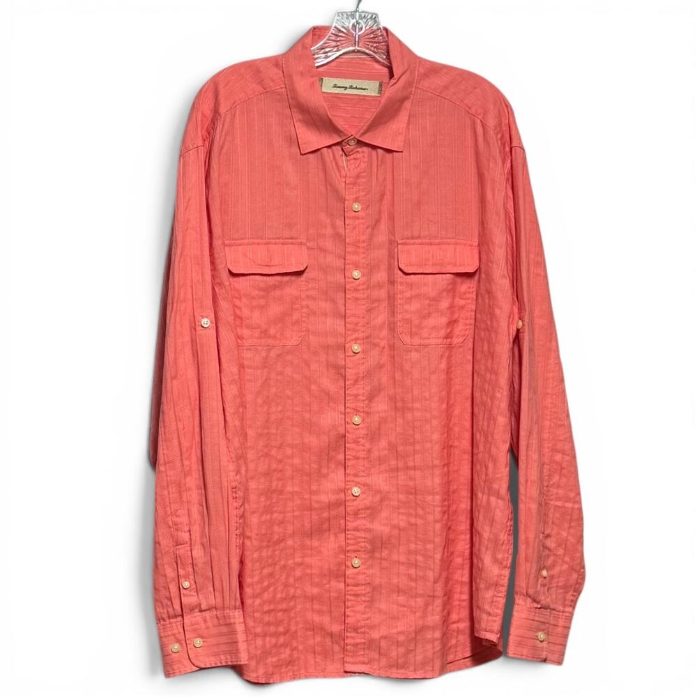 Tommy Bahama Tropez Linen Cotton Long Sleeve Shirt Coral Salmon Pink XL